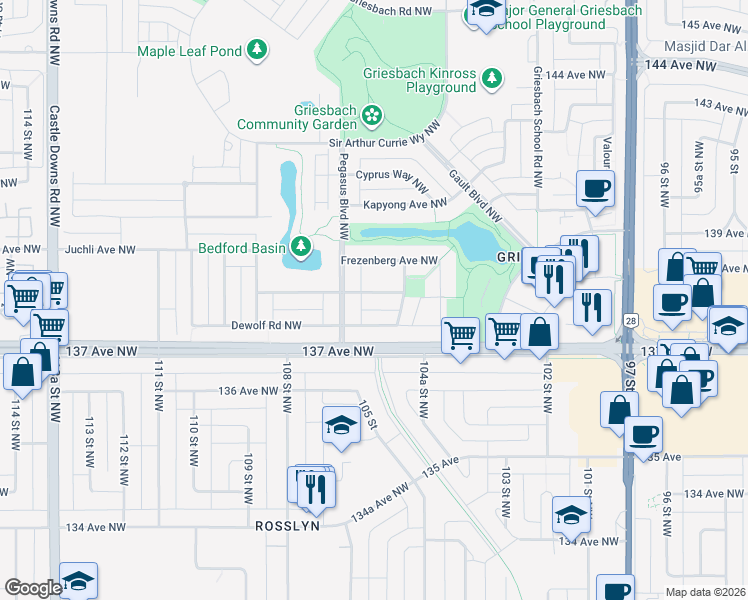 map of restaurants, bars, coffee shops, grocery stores, and more near 2220 Stan Waters Avenue Northwest in Edmonton