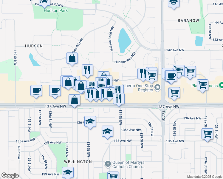 map of restaurants, bars, coffee shops, grocery stores, and more near 13154 137 Avenue NorthWest in Edmonton