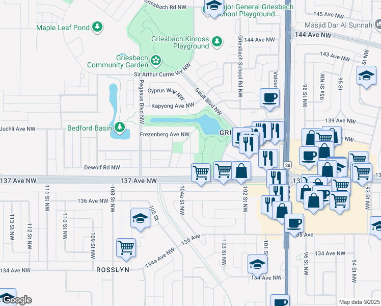 map of restaurants, bars, coffee shops, grocery stores, and more near San Fortunato Street Northwest in Edmonton