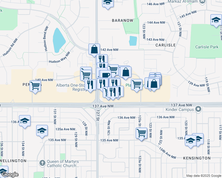 map of restaurants, bars, coffee shops, grocery stores, and more near 13753 127 Street Northwest in Edmonton