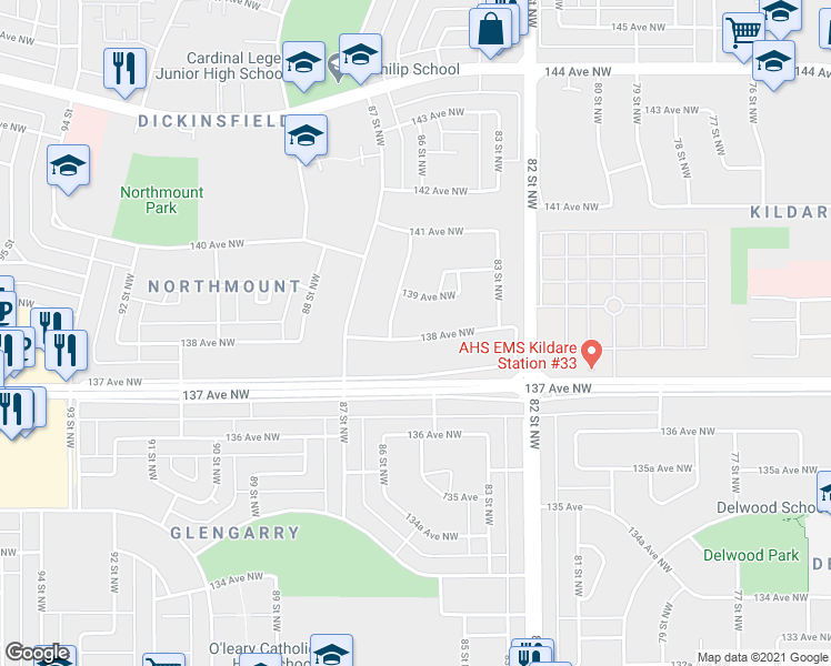 map of restaurants, bars, coffee shops, grocery stores, and more near 8512 138 Avenue Northwest in Edmonton