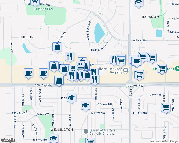 map of restaurants, bars, coffee shops, grocery stores, and more near 13154 137 Avenue NorthWest in Edmonton