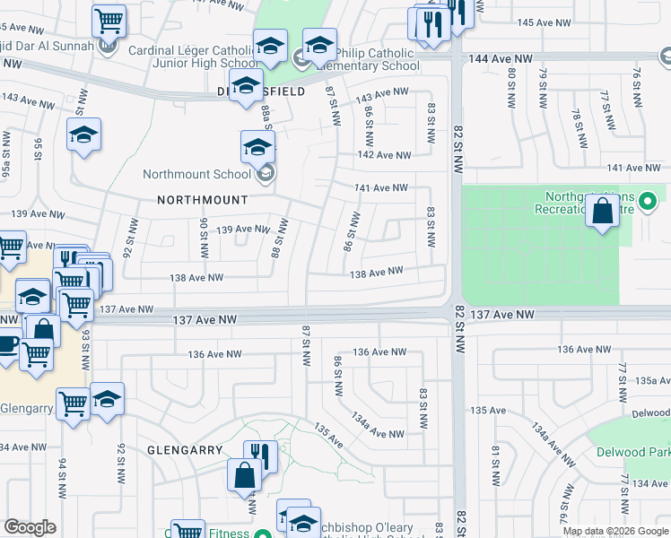 map of restaurants, bars, coffee shops, grocery stores, and more near 8604 138 Avenue Northwest in Edmonton