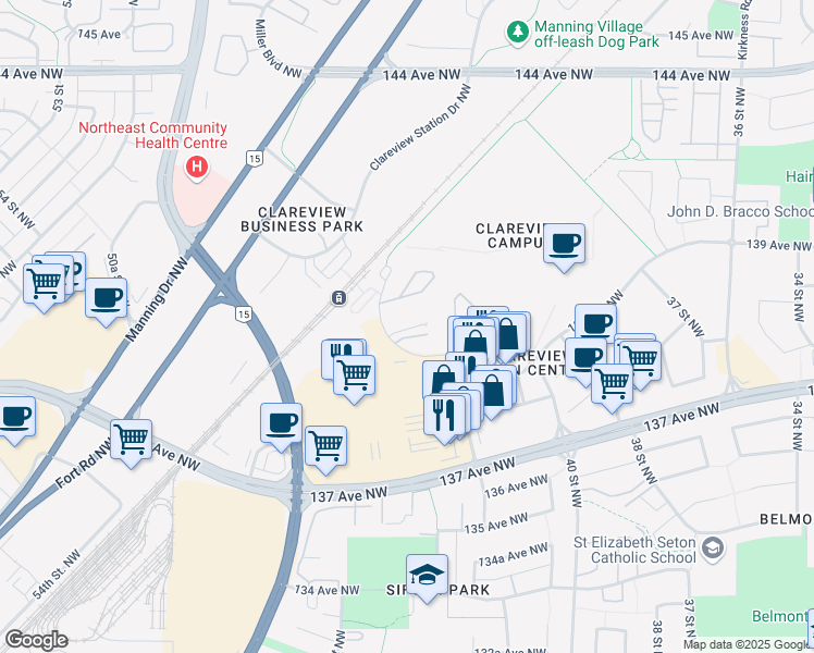 map of restaurants, bars, coffee shops, grocery stores, and more near 4304 139 Avenue Northwest in Edmonton