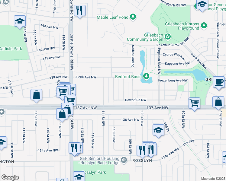 map of restaurants, bars, coffee shops, grocery stores, and more near Corvette Street Northwest in Edmonton