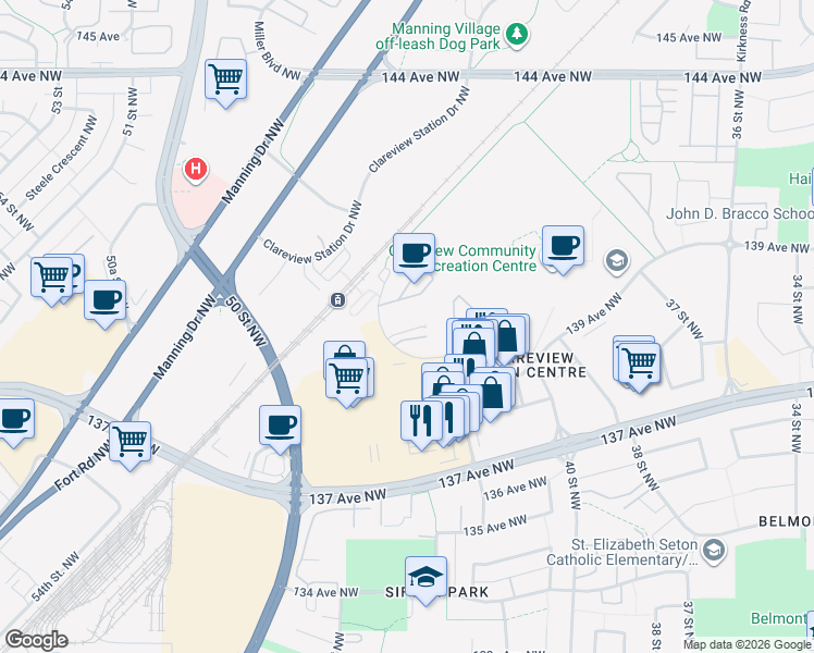 map of restaurants, bars, coffee shops, grocery stores, and more near 4210 139 Avenue Northwest in Edmonton