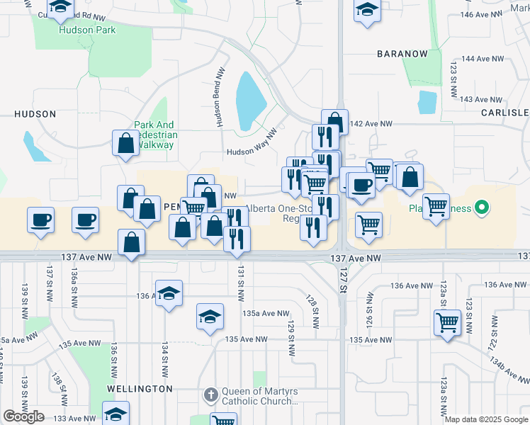 map of restaurants, bars, coffee shops, grocery stores, and more near in Edmonton