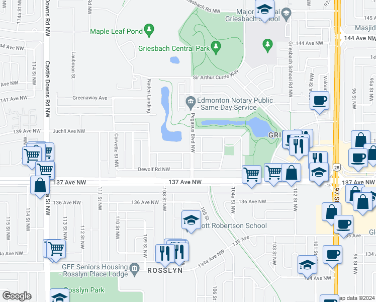 map of restaurants, bars, coffee shops, grocery stores, and more near 5404 Bonaventure Avenue Northwest in Edmonton