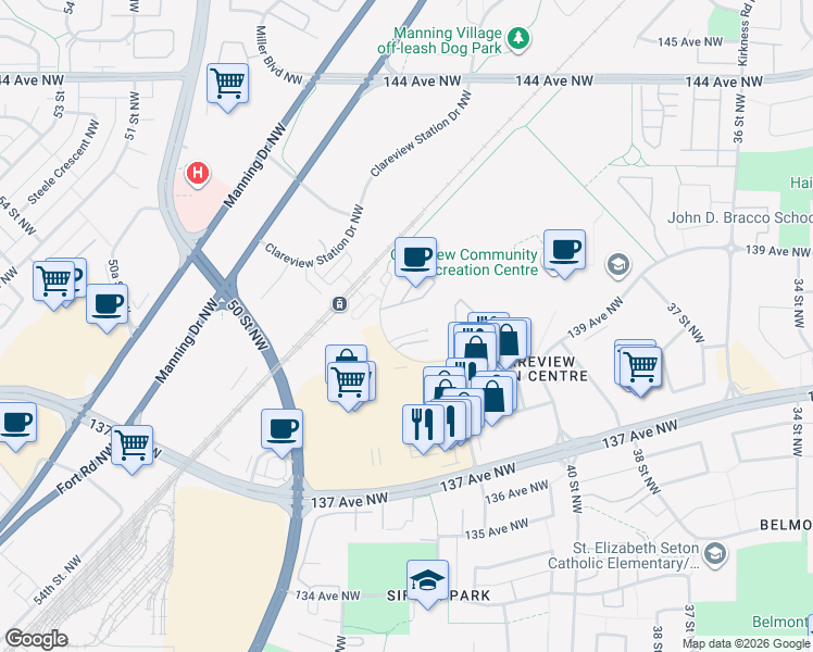 map of restaurants, bars, coffee shops, grocery stores, and more near 4220 139 Avenue Northwest in Edmonton
