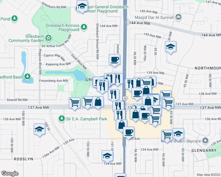 map of restaurants, bars, coffee shops, grocery stores, and more near 9810 137 Avenue NorthWest in Edmonton