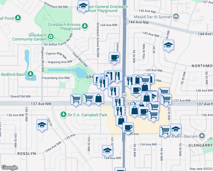 map of restaurants, bars, coffee shops, grocery stores, and more near 9810 137 Avenue NorthWest in Edmonton