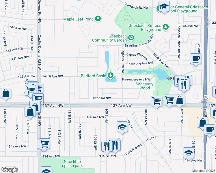 map of restaurants, bars, coffee shops, grocery stores, and more near 5420 Bonaventure Avenue Northwest in Edmonton