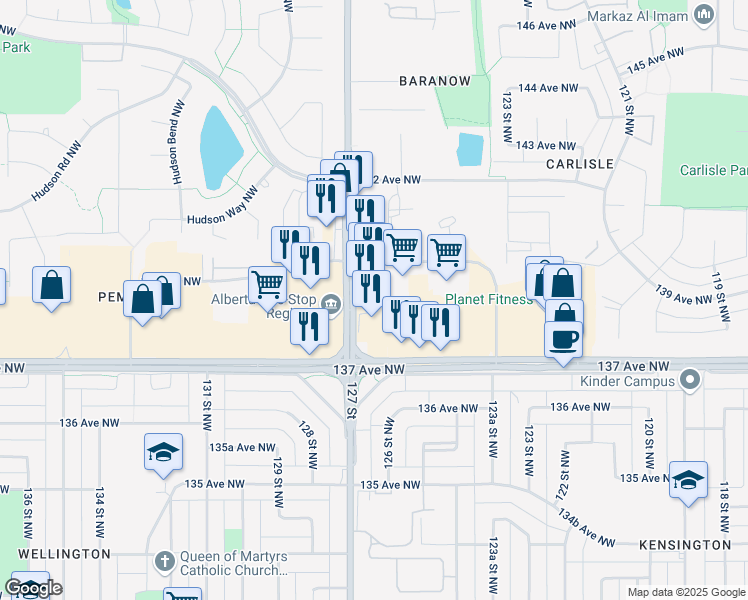 map of restaurants, bars, coffee shops, grocery stores, and more near 13753 127 Street Northwest in Edmonton