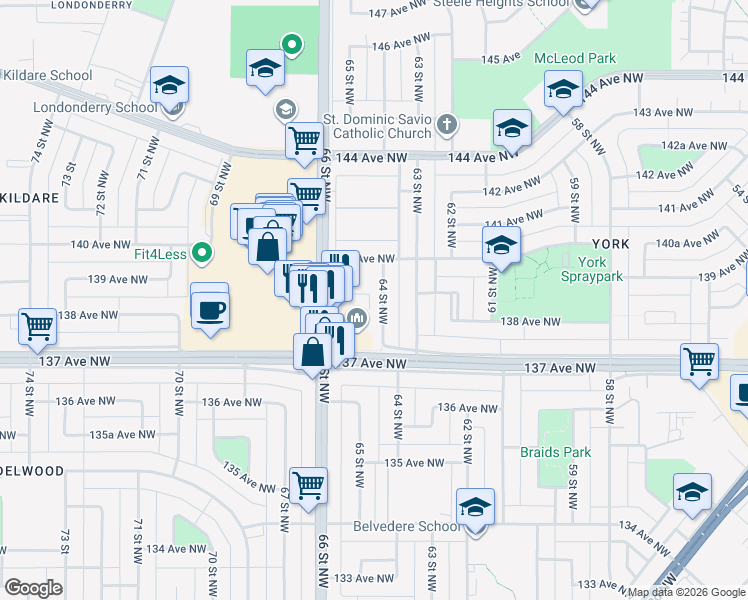 map of restaurants, bars, coffee shops, grocery stores, and more near 55 64 Street Northwest in Edmonton