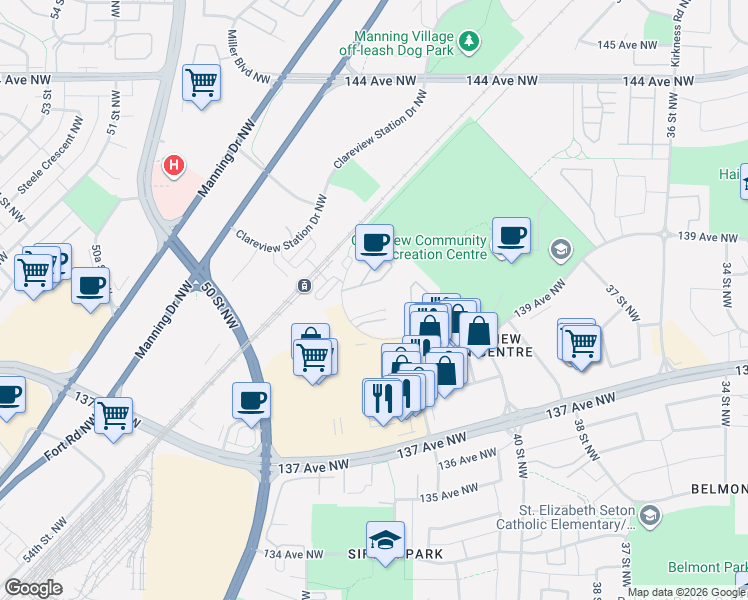 map of restaurants, bars, coffee shops, grocery stores, and more near 4304 139 Avenue Northwest in Edmonton