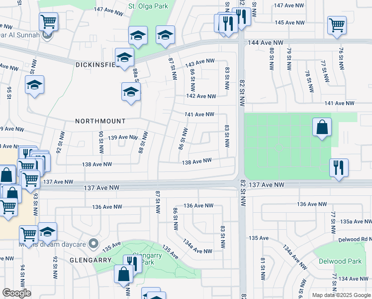 map of restaurants, bars, coffee shops, grocery stores, and more near 8512 138 Avenue Northwest in Edmonton