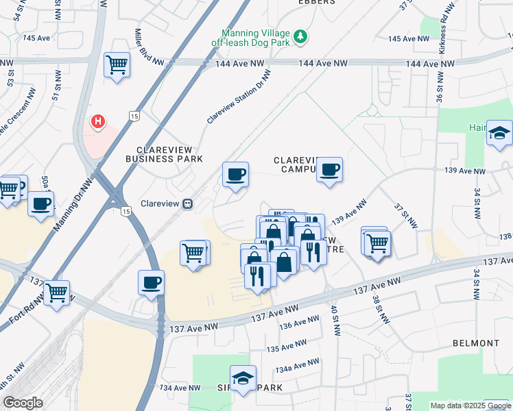 map of restaurants, bars, coffee shops, grocery stores, and more near 4204 139 Avenue Northwest in Edmonton