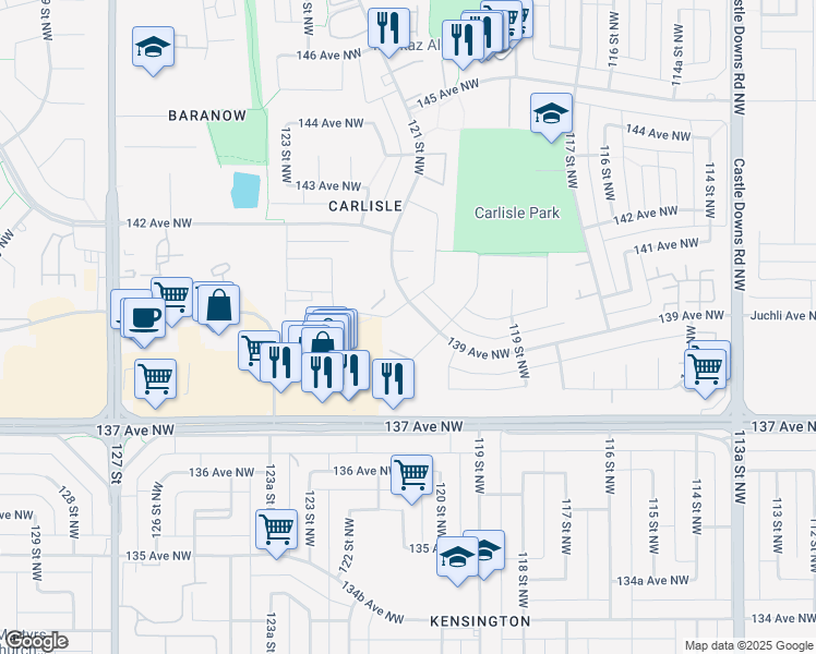 map of restaurants, bars, coffee shops, grocery stores, and more near 12003 139 Avenue Northwest in Edmonton