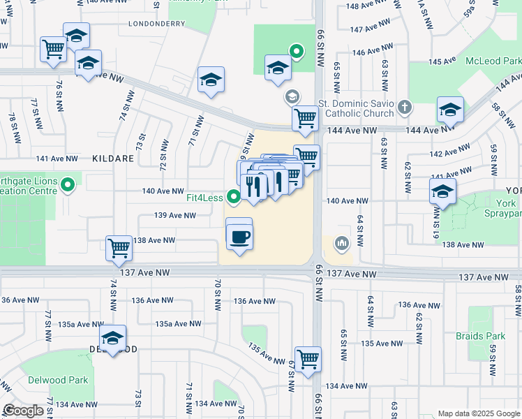 map of restaurants, bars, coffee shops, grocery stores, and more near 1 Avenida das Américas in Edmonton
