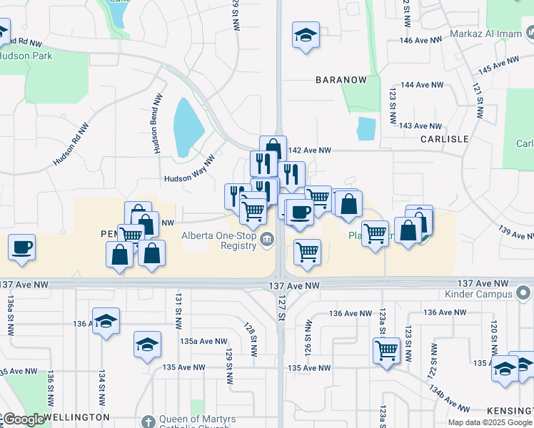 map of restaurants, bars, coffee shops, grocery stores, and more near 12707 140 Avenue Northwest in Edmonton