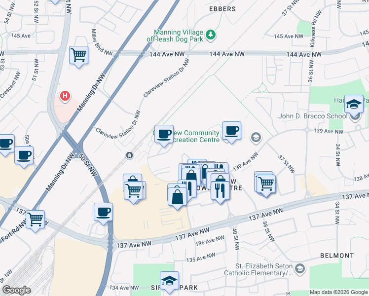 map of restaurants, bars, coffee shops, grocery stores, and more near 4204 139 Avenue Northwest in Edmonton