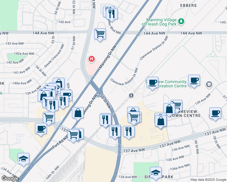 map of restaurants, bars, coffee shops, grocery stores, and more near 309 Clareview Station Drive Northwest in Edmonton