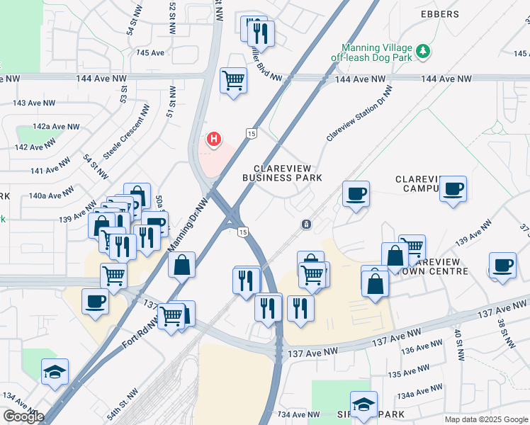 map of restaurants, bars, coffee shops, grocery stores, and more near 301 Clareview Station Drive Northwest in Edmonton