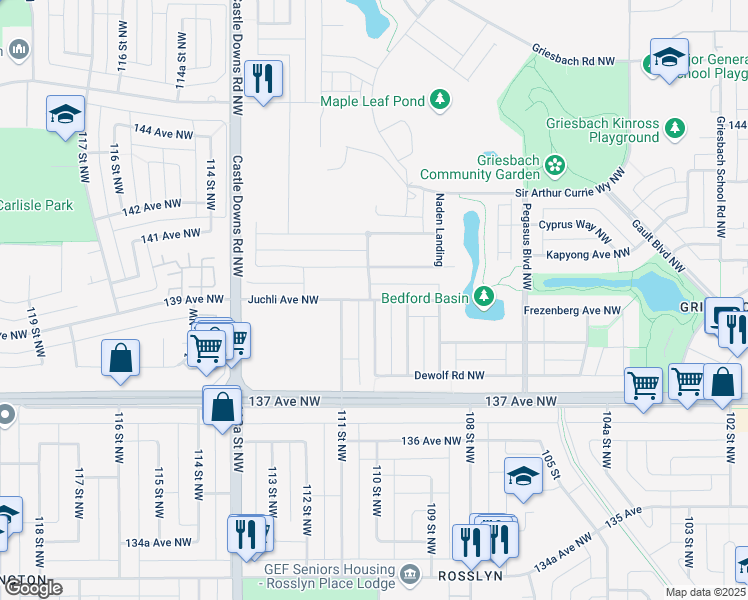 map of restaurants, bars, coffee shops, grocery stores, and more near 5686 Juchli Avenue Northwest in Edmonton