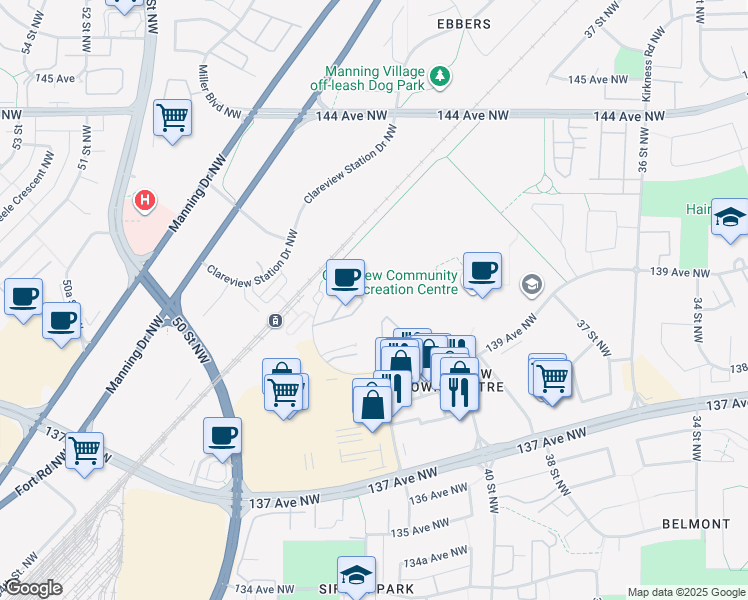 map of restaurants, bars, coffee shops, grocery stores, and more near 4312 139 Avenue Northwest in Edmonton