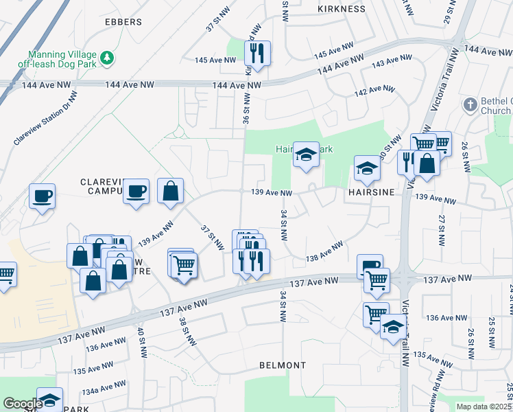 map of restaurants, bars, coffee shops, grocery stores, and more near 3431 139 Avenue Northwest in Edmonton