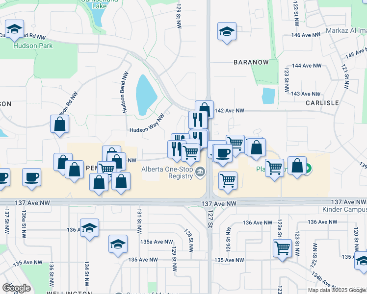 map of restaurants, bars, coffee shops, grocery stores, and more near 12804 140 Avenue Northwest in Edmonton