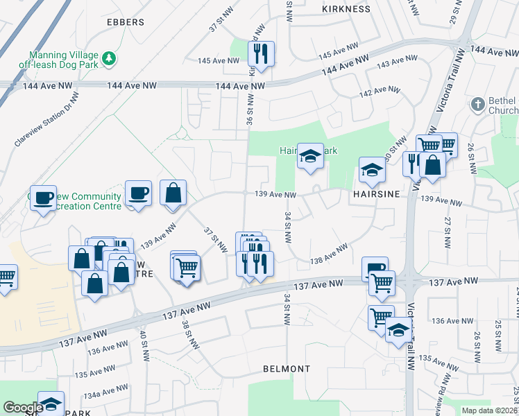 map of restaurants, bars, coffee shops, grocery stores, and more near 3431 139 Avenue Northwest in Edmonton