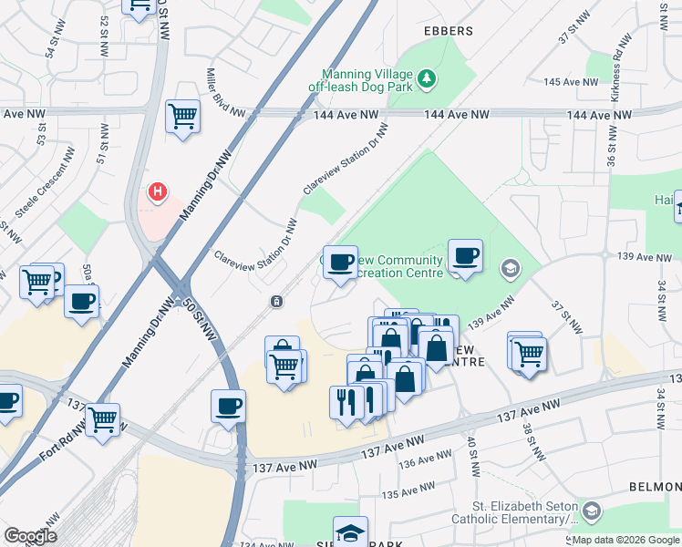 map of restaurants, bars, coffee shops, grocery stores, and more near in Edmonton