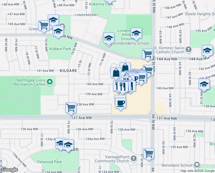 map of restaurants, bars, coffee shops, grocery stores, and more near 13928 70 Street Northwest in Edmonton