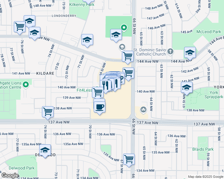 map of restaurants, bars, coffee shops, grocery stores, and more near 1 Londonderry Mall NW in Edmonton