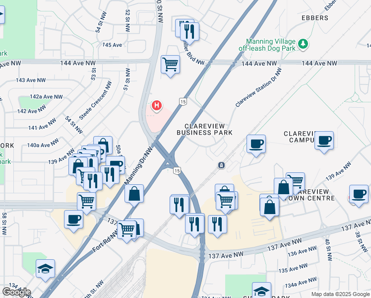 map of restaurants, bars, coffee shops, grocery stores, and more near 301 Clareview Station Drive Northwest in Edmonton