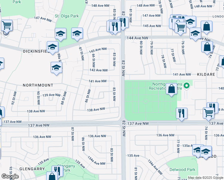 map of restaurants, bars, coffee shops, grocery stores, and more near 8304 140 Avenue Northwest in Edmonton