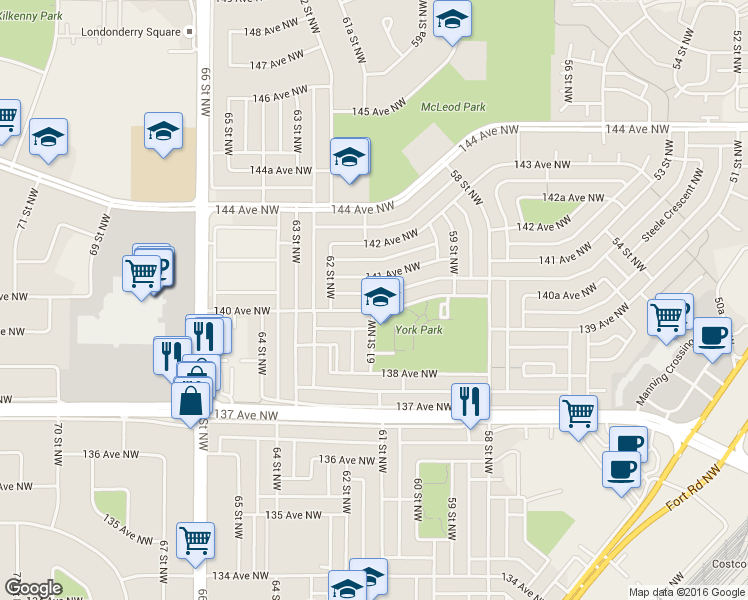 map of restaurants, bars, coffee shops, grocery stores, and more near 6112 140 Avenue Northwest in Edmonton