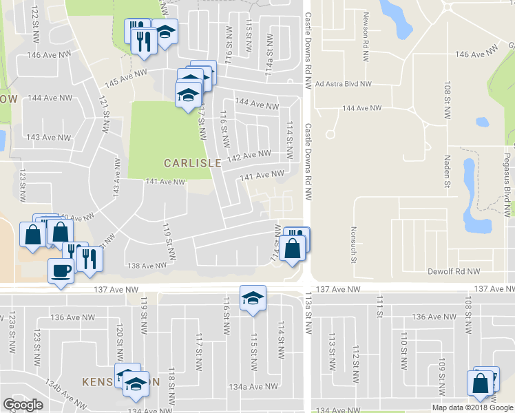 map of restaurants, bars, coffee shops, grocery stores, and more near 11518 139 Avenue Northwest in Edmonton