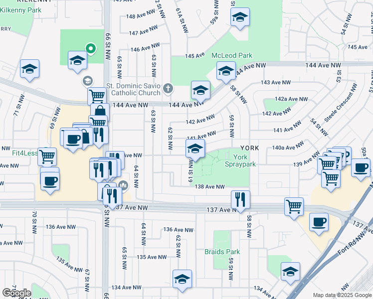 map of restaurants, bars, coffee shops, grocery stores, and more near 6112 140 Avenue Northwest in Edmonton