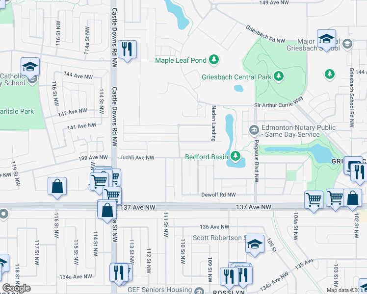 map of restaurants, bars, coffee shops, grocery stores, and more near 5634 Juchli Avenue Northwest in Edmonton