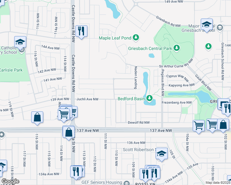 map of restaurants, bars, coffee shops, grocery stores, and more near 5634 Juchli Avenue Northwest in Edmonton