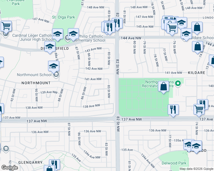 map of restaurants, bars, coffee shops, grocery stores, and more near 8304 140 Avenue Northwest in Edmonton