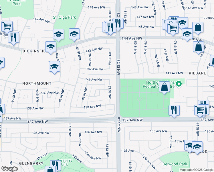 map of restaurants, bars, coffee shops, grocery stores, and more near 8304 140 Avenue Northwest in Edmonton
