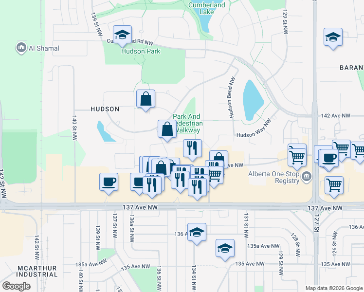 map of restaurants, bars, coffee shops, grocery stores, and more near 13447 140 Avenue Northwest in Edmonton