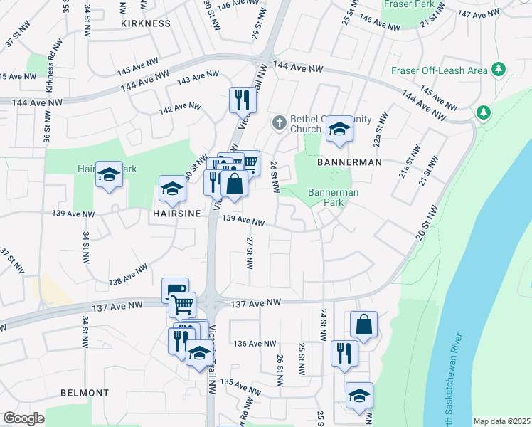 map of restaurants, bars, coffee shops, grocery stores, and more near 2606 139 Avenue Northwest in Edmonton