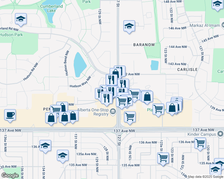 map of restaurants, bars, coffee shops, grocery stores, and more near 12707 140 Avenue Northwest in Edmonton