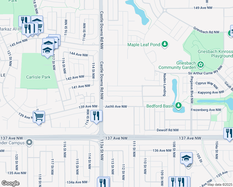 map of restaurants, bars, coffee shops, grocery stores, and more near 5686 Juchli Avenue Northwest in Edmonton
