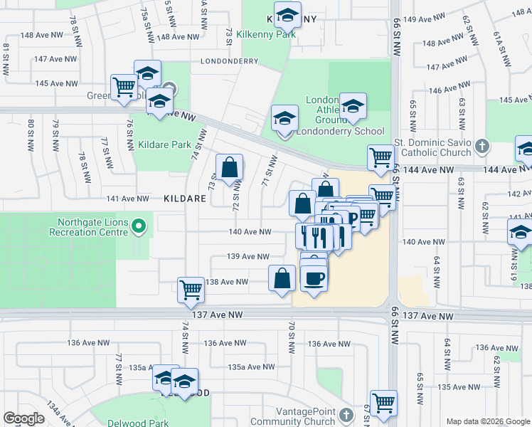 map of restaurants, bars, coffee shops, grocery stores, and more near 7103 140 Avenue Northwest in Edmonton