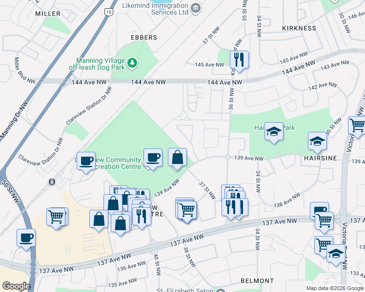 map of restaurants, bars, coffee shops, grocery stores, and more near 3640 139 Avenue Northwest in Edmonton